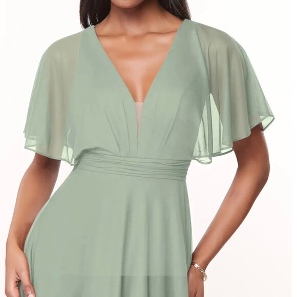 Azazie Tinsley Bridesmaid Dress Dusty Sage Green Midi Sleeves Flowy Pleated A16 - Picture 3 of 9